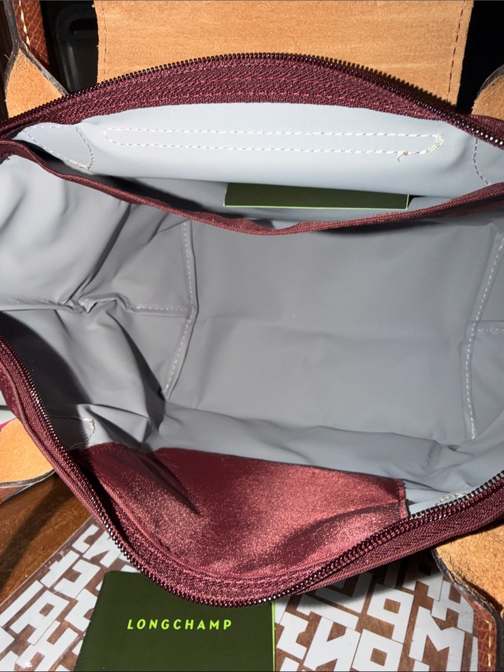 Longchamp Le Pliage Burgundy Tote with Brown Leather Trim - Picture 4 of 5